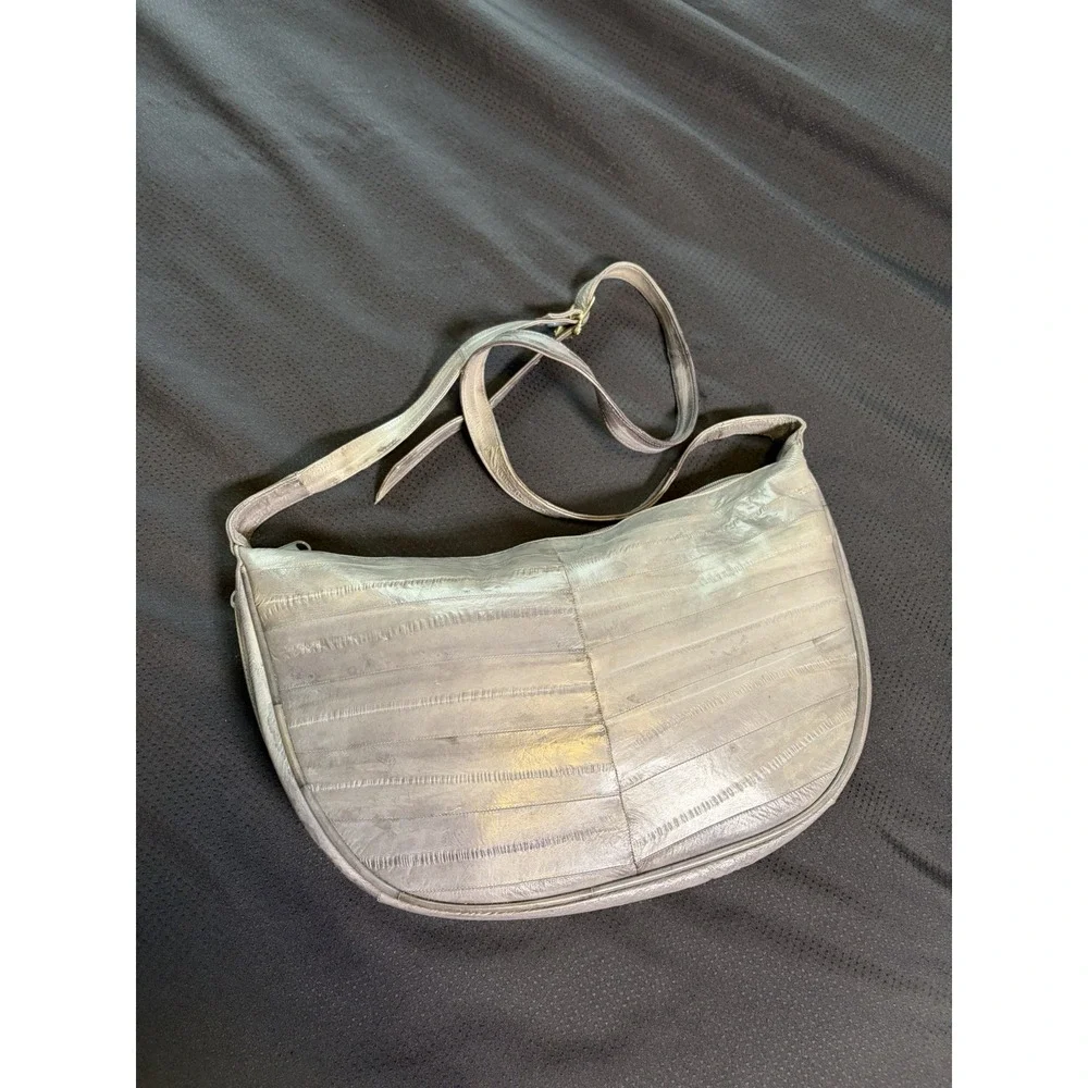 VTG Genuine Eel Skin Leather Gray Shoulder Handbag~Large 13